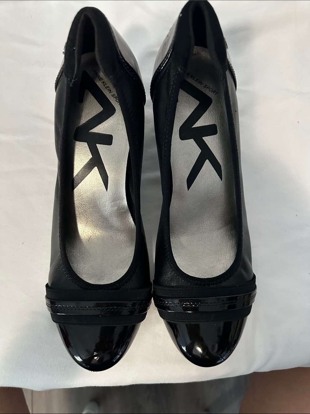 Anne Klein Sport Black Leather and Patent Cap-Toe Pumps